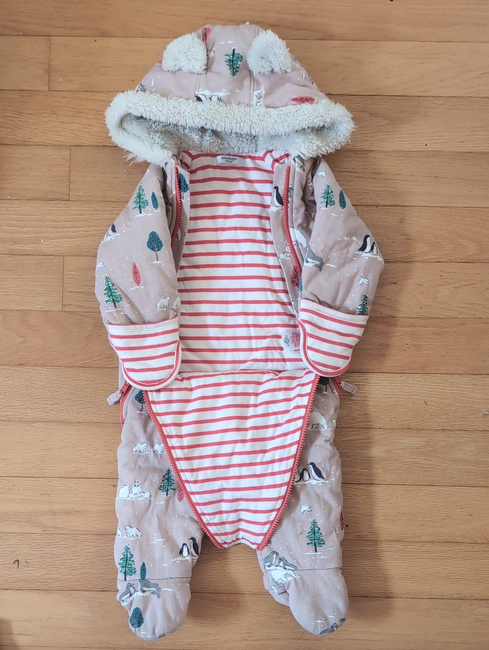 Baby Boden Pink Hooded Polar-Print Footed One-Piece
